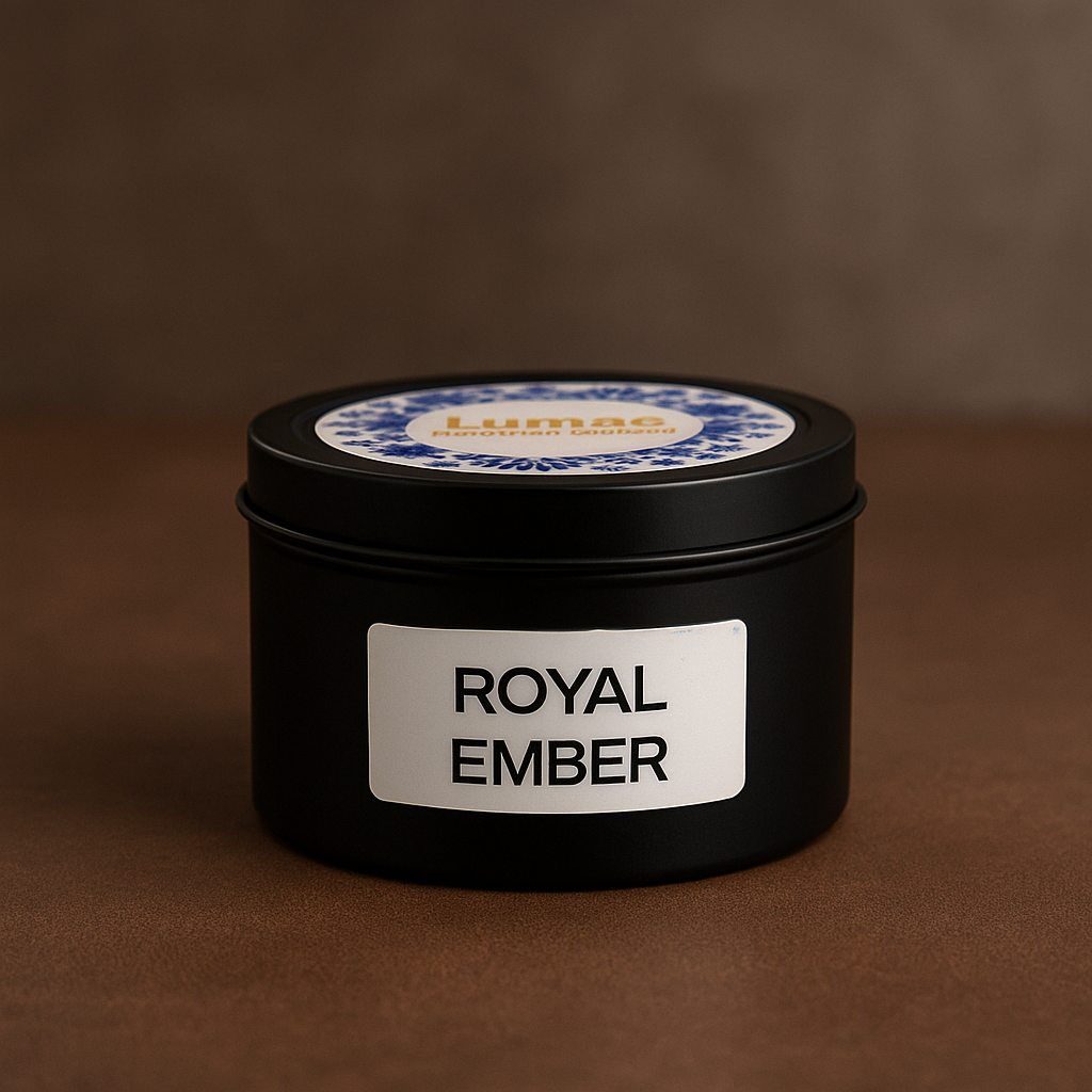 Black candle tin labeled 'Royal Ember' on a brown background