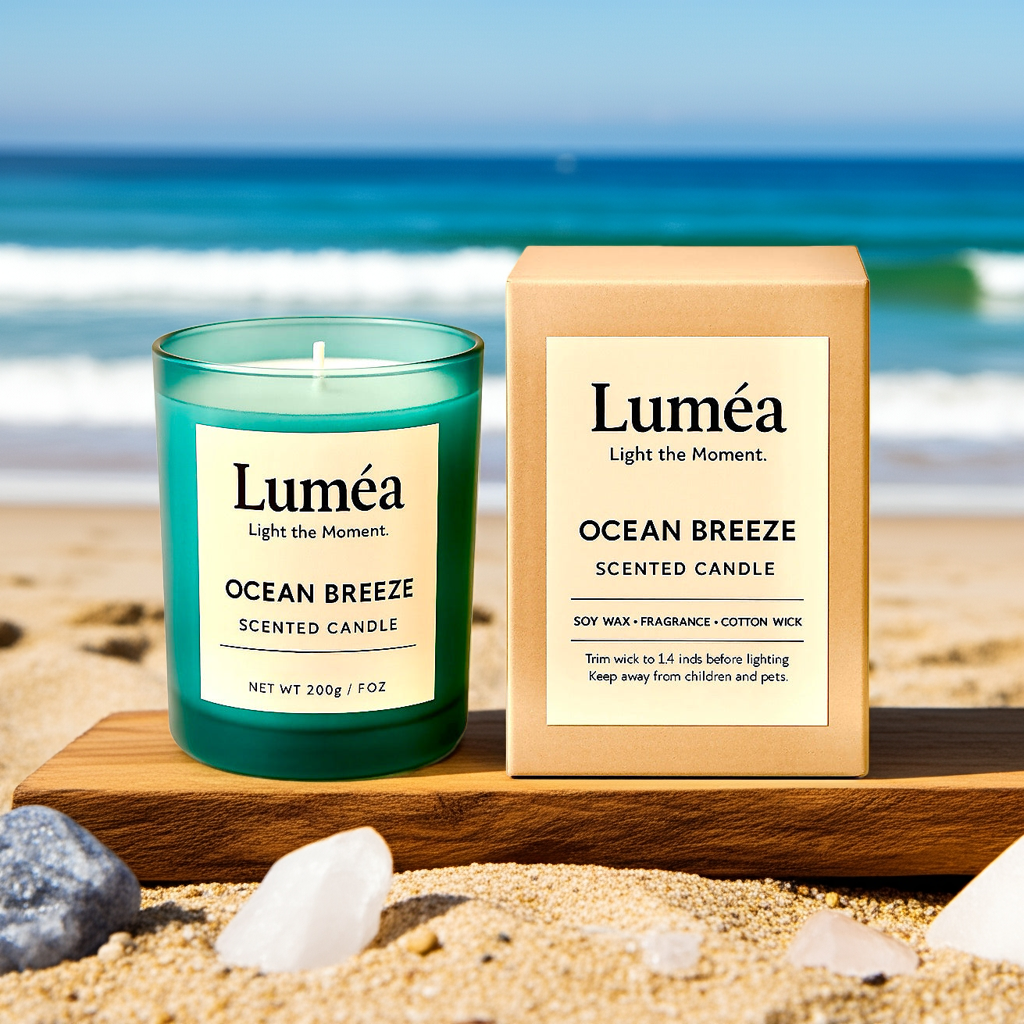 Lumea Ocean Breeze – Fresh Scented Candle in Teal Glass