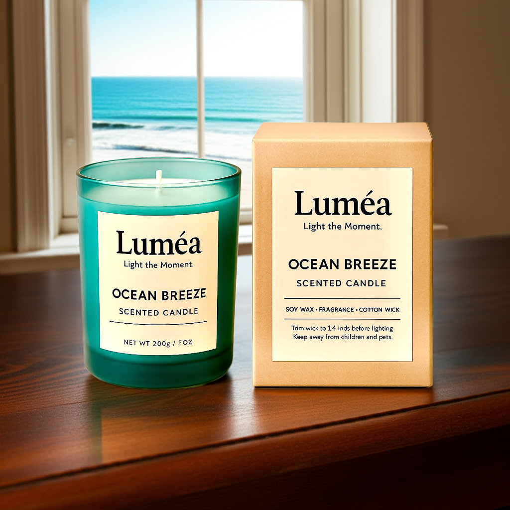 Lumea Ocean Breeze – Fresh Scented Candle in Teal Glass