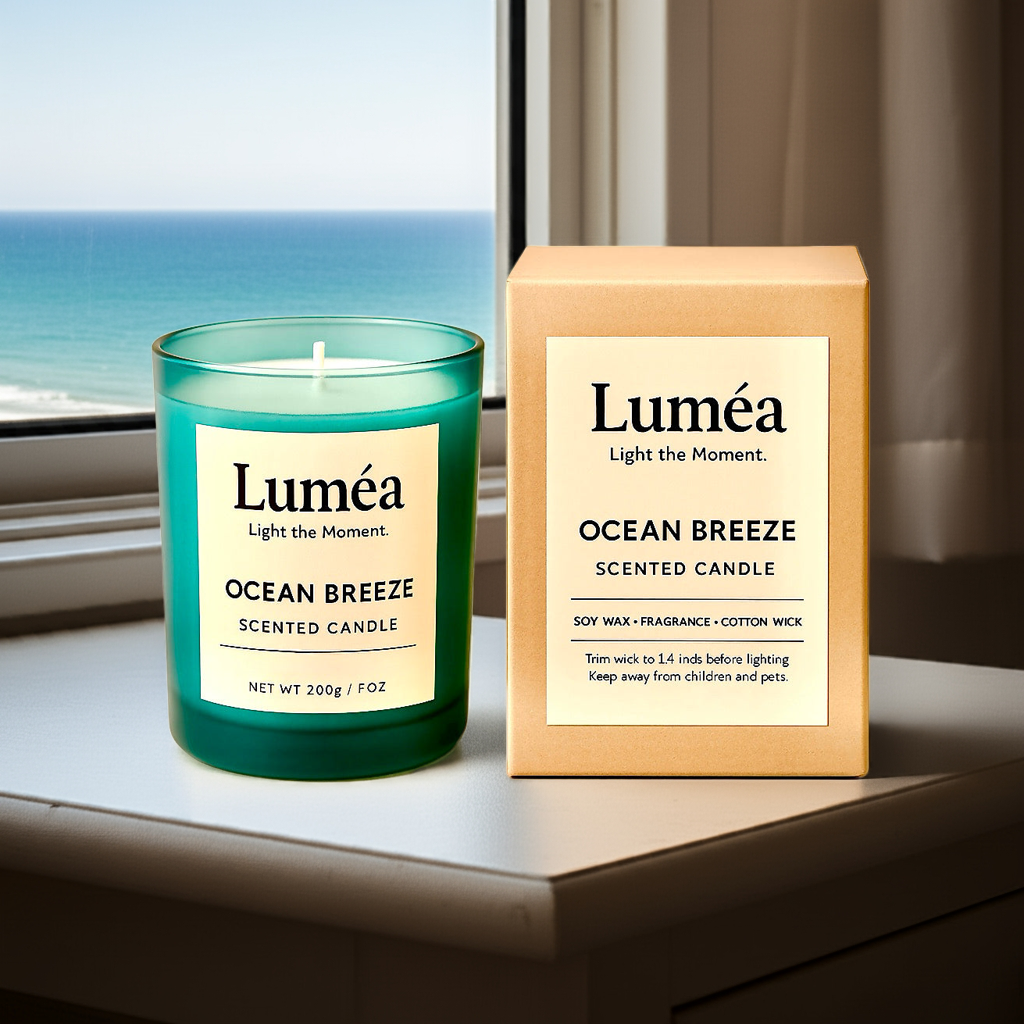 Lumea Ocean Breeze – Fresh Scented Candle in Teal Glass