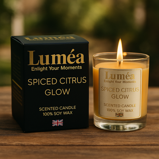Lumea soy wax candle burning with an even melt pool across the full jar