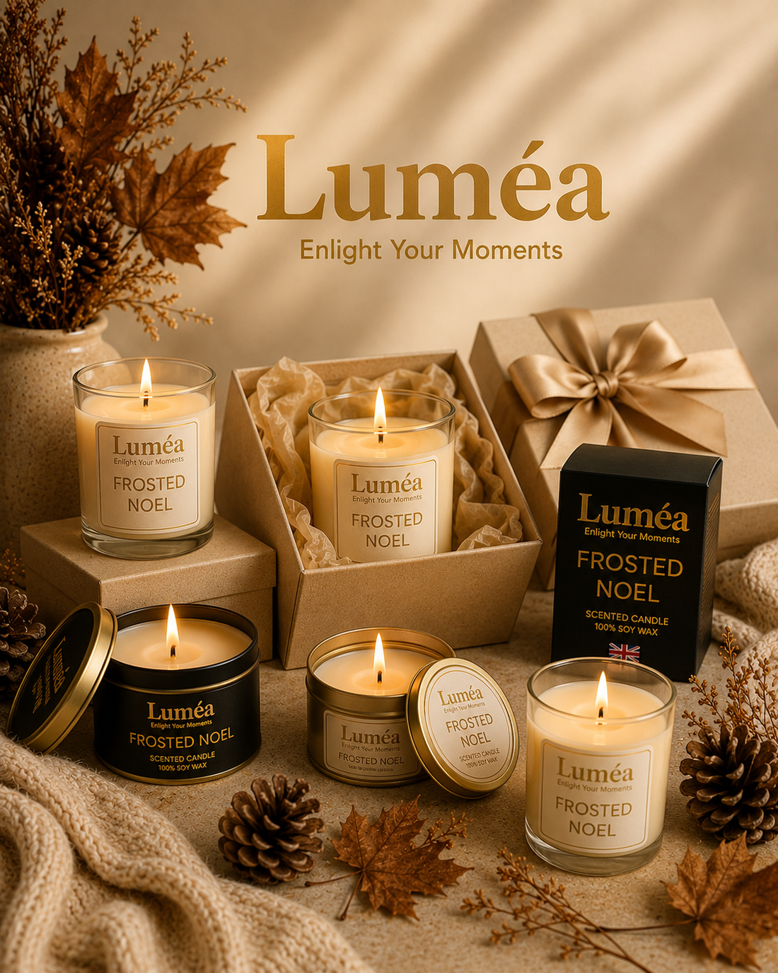 Luméa Lights soy wax candles arranged as gifts in black and gold packaging