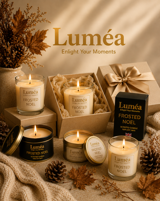 Luméa Lights soy wax candles arranged as gifts in black and gold packaging