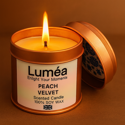 Lumea Peach Velvet soy wax scented candle in a rose-gold tin with floral lid design