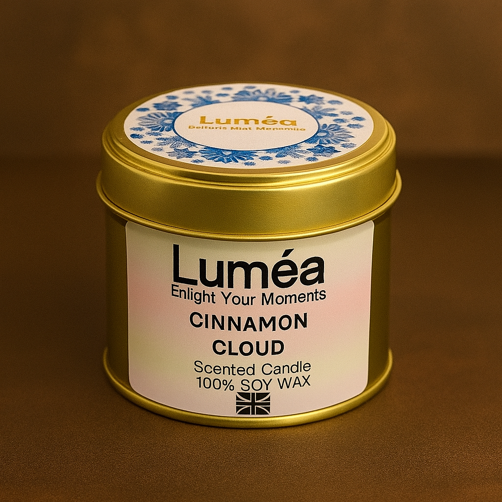 Lumeá cinnamon cloud scented candle in a gold tin on a brown background