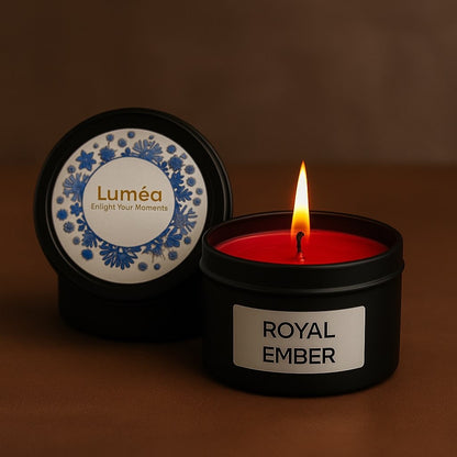Lumea Royal Ember soy wax scented candle in a matte black tin with gold foil detailing